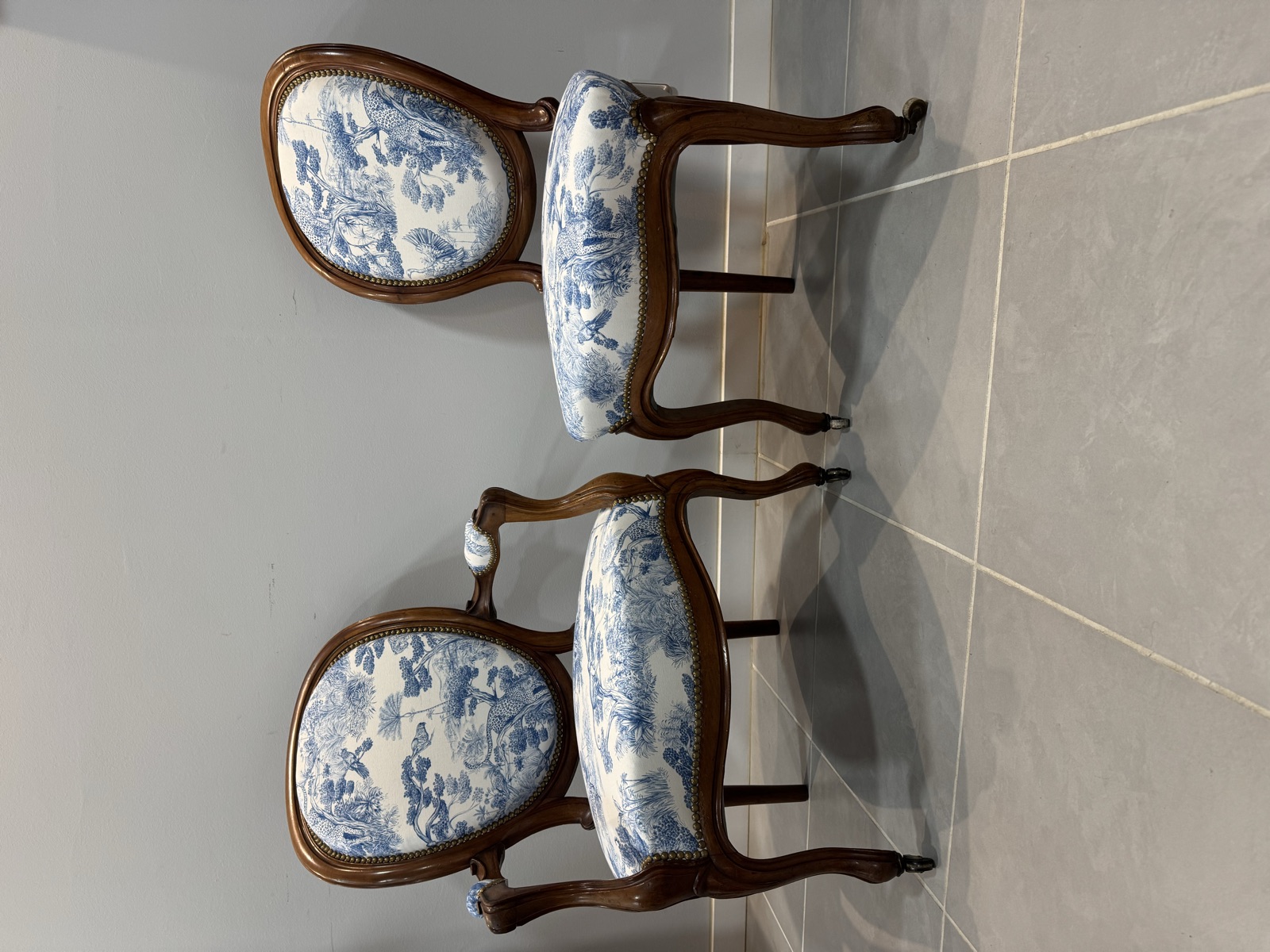 Paire de chaises médaillon en toile bleue, vue d'ensemble